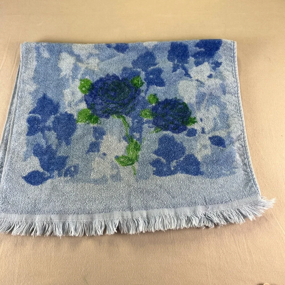 Vintage Cannon Hand Towel and bath Blue Rose Floral Cotton Fringed Made in USA